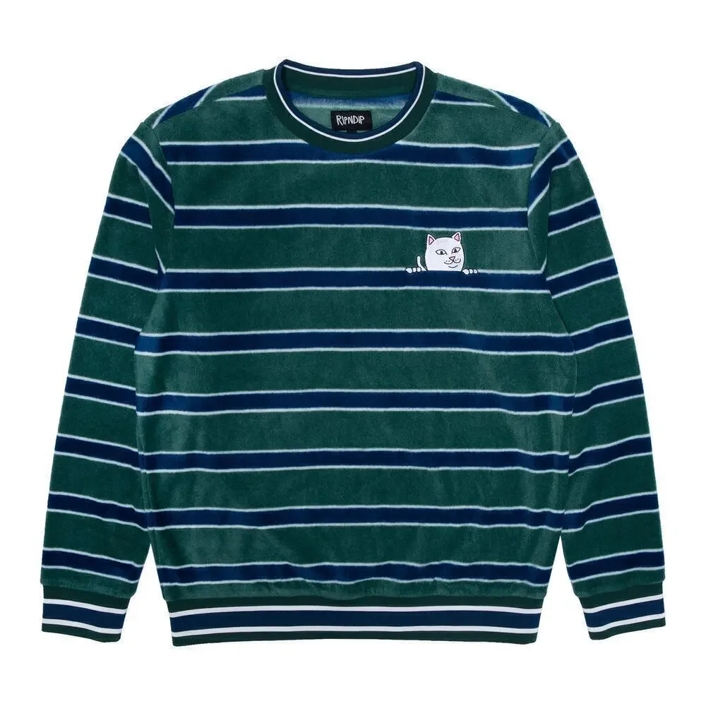 RipnDip Green Striped Long Sleeve Polar Fleece Crewneck Nermal Cat sz S Skater